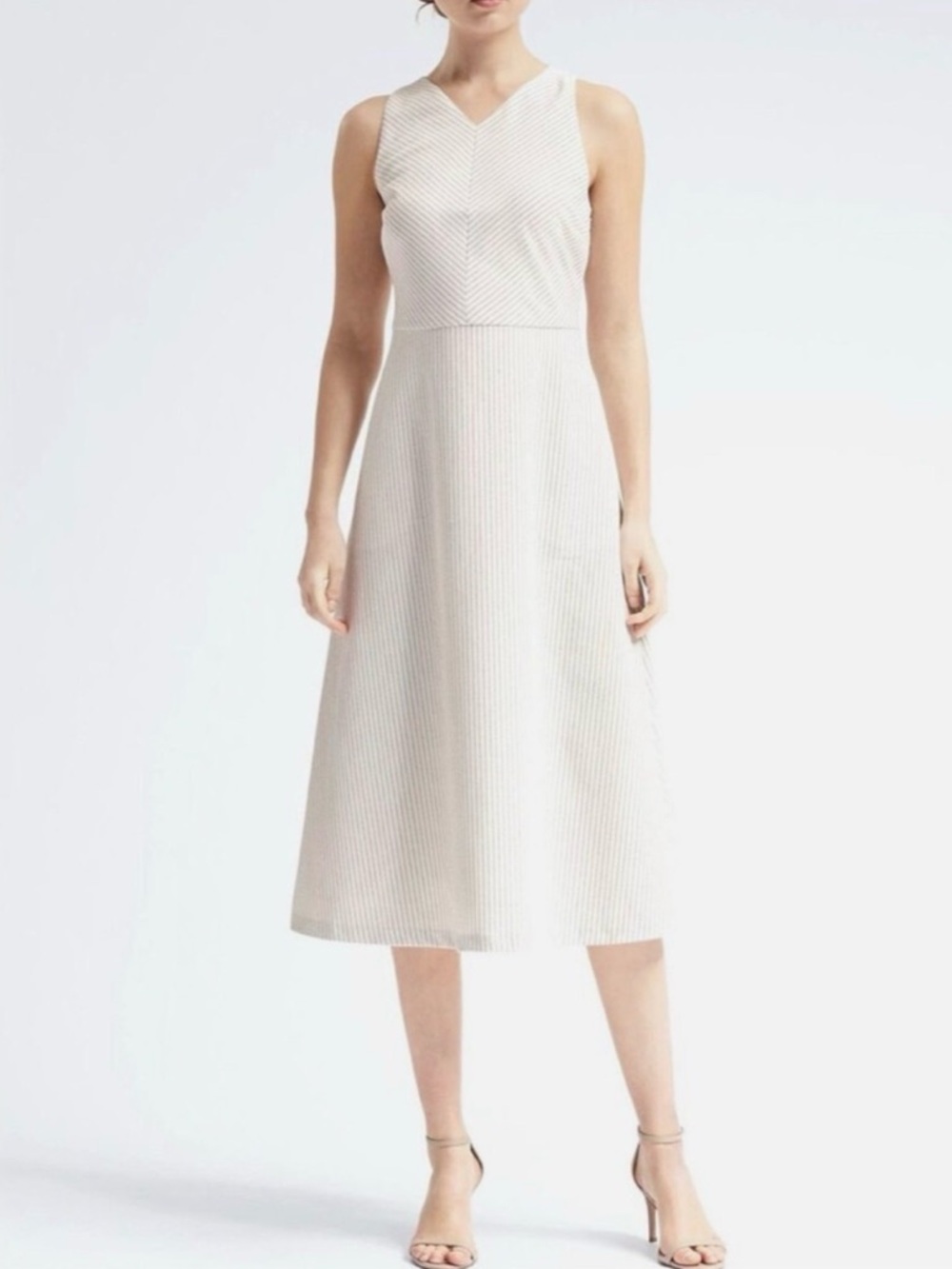 BANANA REPUBLIC Pinstripe Midi White Fit and Flare Dress